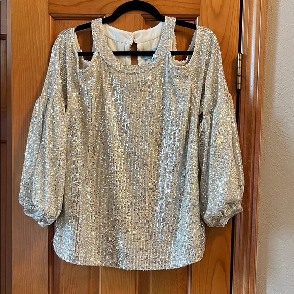 CeCe Tops - CeCe Glittering Silver Sequin Blouse